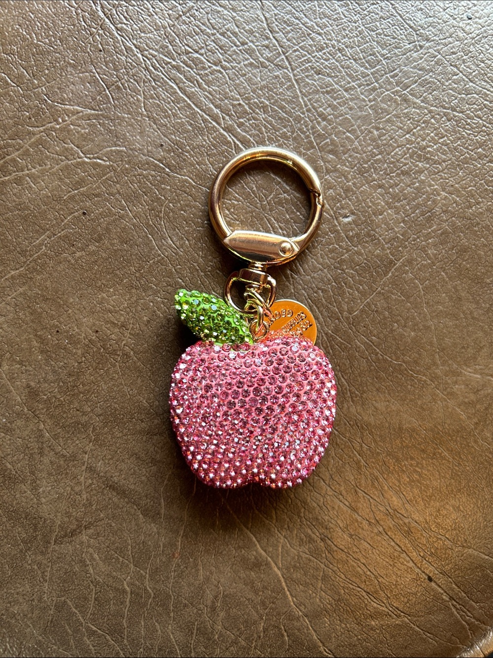Sparkling Pink Apple Keychain with Green Leaf - Picture 1 of 1